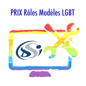 Un écran d'ordinateur aux contours arc-en-ciel avec des outils et un logo à l'intérieur, sous le texte français PRIX Rôles Modèles LGBT DSI.