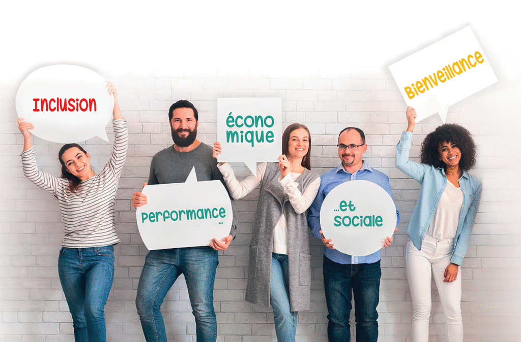 Cinq personnes souriantes se tiennent contre un mur de briques blanches, chacune tenant des pancartes avec les mots français : Inclusion, performance, économique, ...et sociale et Bienveillance.