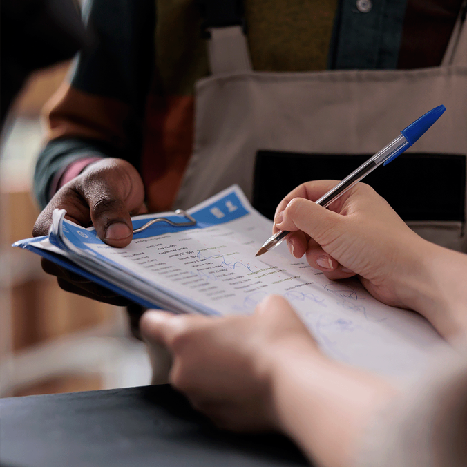 Une personne signe un document sur un presse-papiers tenu par une autre personne portant un tablier, indiquant une transaction ou une livraison. Seules ses mains et une partie du presse-papiers sont visibles.
