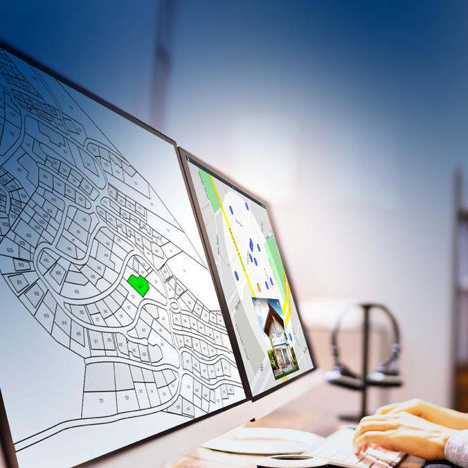Une personne travaillant à un bureau avec deux écrans d'ordinateur affichant des cartes numériques et des informations sur la propriété, y compris des parcelles de terrain mises en évidence et des images de maisons.