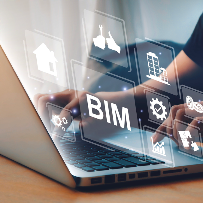 Mains tapant sur un clavier d'ordinateur portable avec des icônes numériques transparentes et le mot « BIM » (Building Information Modeling) affiché, à côté d'icônes représentant des bâtiments, des outils, des engrenages et d'autres concepts de construction.