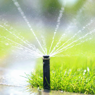 Un arroseur de pelouse noir pulvérise de l'eau en plusieurs jets sur l'herbe verte, la lumière du soleil créant une scène extérieure lumineuse et fraîche.