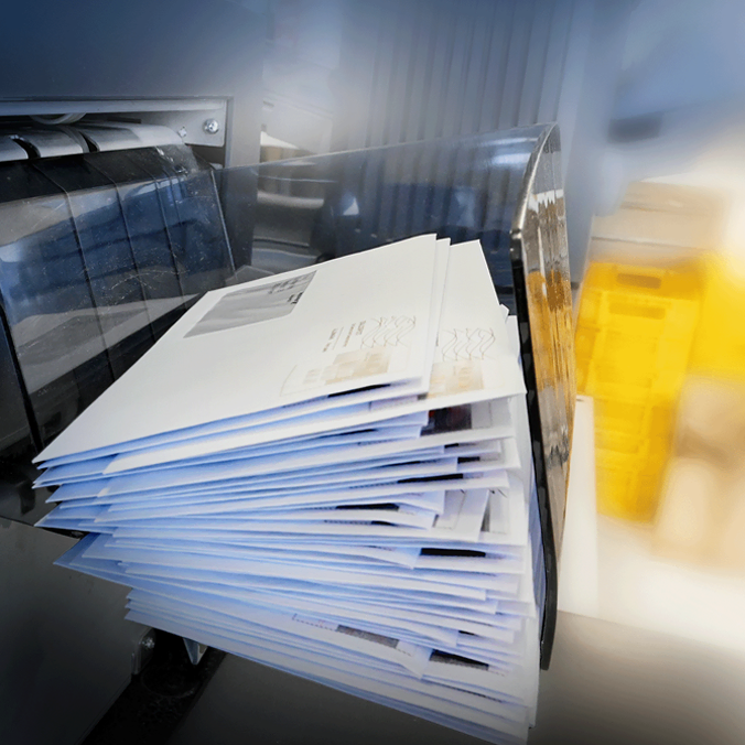 Une pile d'enveloppes blanches sort d'une machine à affranchir automatique dans un bureau, avec des éléments d'arrière-plan flous et des bacs jaunes visibles.