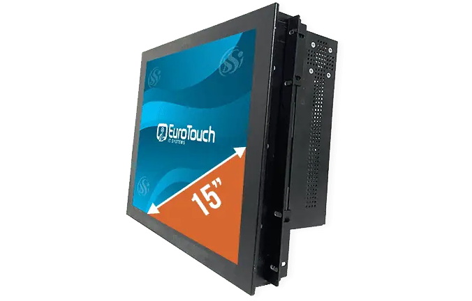 Un écran tactile EuroTouch noir de 15 pouces est présenté sous un angle, affichant le logo et la taille d'EuroTouch en diagonale sur l'écran sur un fond bleu et orange.