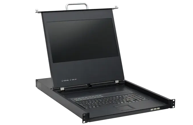 Console rackable avec écran LCD relevable, clavier intégré et pavé tactile, conçue pour une utilisation en rack serveur. L'appareil est partiellement déplié et prêt à fonctionner.