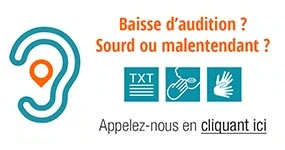 Une oreille illustrée avec une carte, des icônes pour le texte, la langue des signes et la communication manuelle, et un texte en français offrant de l'aide en cas de perte d'audition ou de surdité, avec un lien pour appeler.