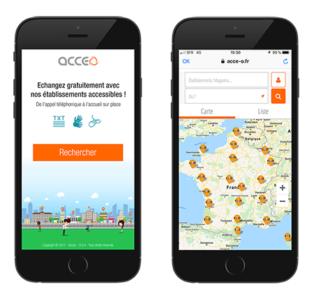 Deux écrans de smartphone affichent l'application Acceo : à gauche, un écran d'accueil avec un bouton Rechercher ; à droite, une carte de France avec des épingles de localisation des établissements accessibles.