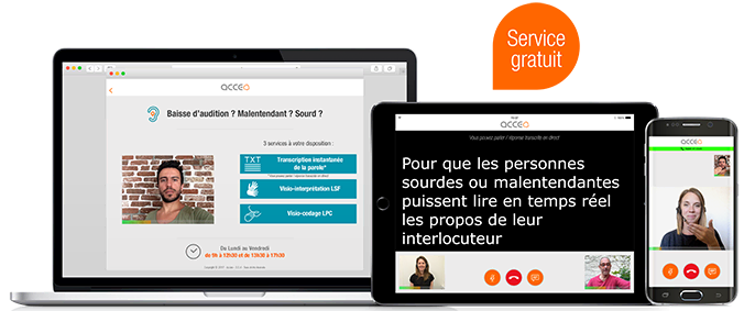 Un ordinateur portable, une tablette et un smartphone affichent une interface d'appel vidéo avec interprétation en langue des signes et transcription en temps réel pour les utilisateurs sourds ou malentendants. Une étiquette orange indique Service gratuit (free service).