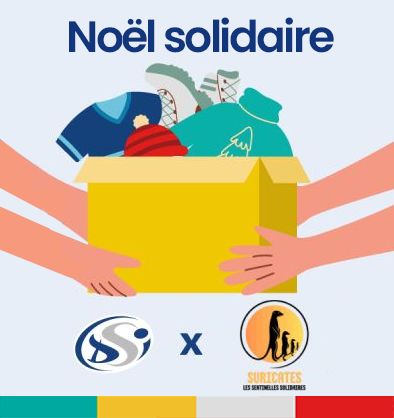 Illustration de mains tenant une boîte remplie de vêtements d'hiver tels que des pulls et des bonnets. Le texte Noël solidaire figure au-dessus, avec deux logos d'organisations et un x en dessous, indiquant une collaboration.