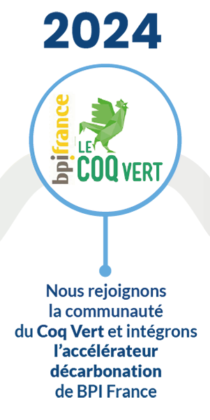 2024 - Une annonce 2024 avec le logo Coq Vert, indiquant l'adhésion à la communauté Coq Vert et à l'accélérateur de décarbonisation BPI Frances. Le texte est en français avec une illustration de coq vert.