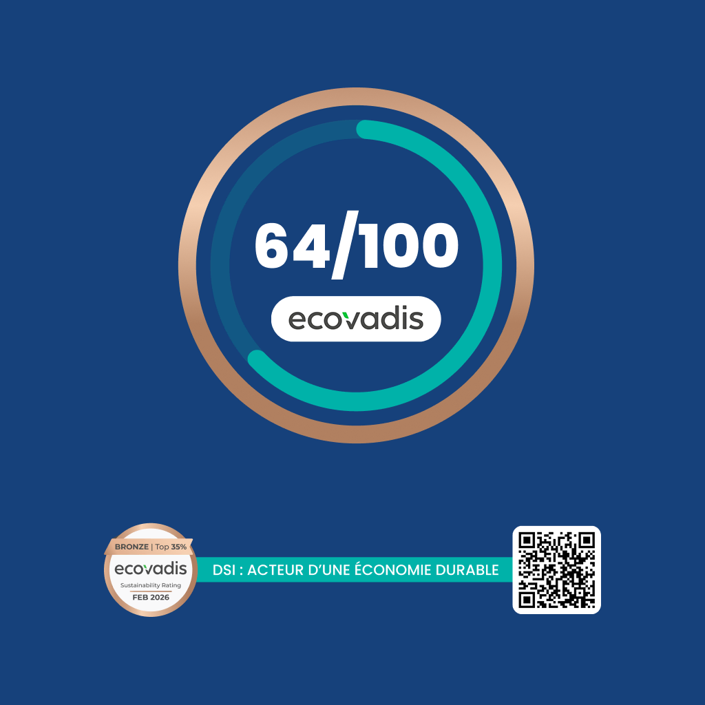 Un graphique circulaire affiche un score de 64/100 au-dessus du logo EcoVadis. En dessous, une médaille EcoVadis en bronze, un texte en français et un code QR apparaissent sur un fond bleu.