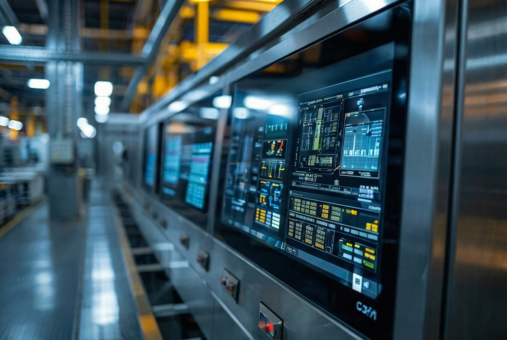Gros plan sur des panneaux de contrôle numériques affichant des données et des informations sur le système dans une installation industrielle moderne ou une usine, avec des surfaces métalliques et des machines visibles à l'arrière-plan.