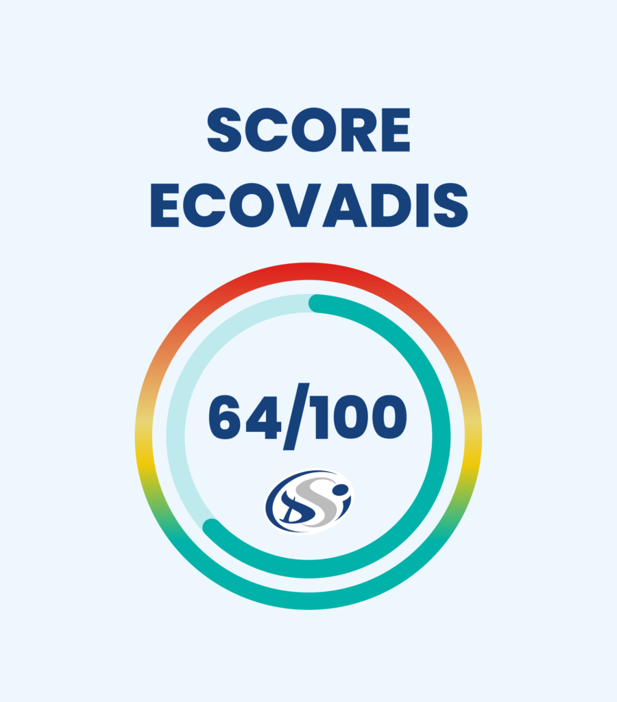 Un graphique circulaire avec une bordure colorée en dégradé indique SCORE ECOVADIS en haut et 64/100 avec un logo au centre, ce qui indique un score EcoVadis de 64 sur 100.