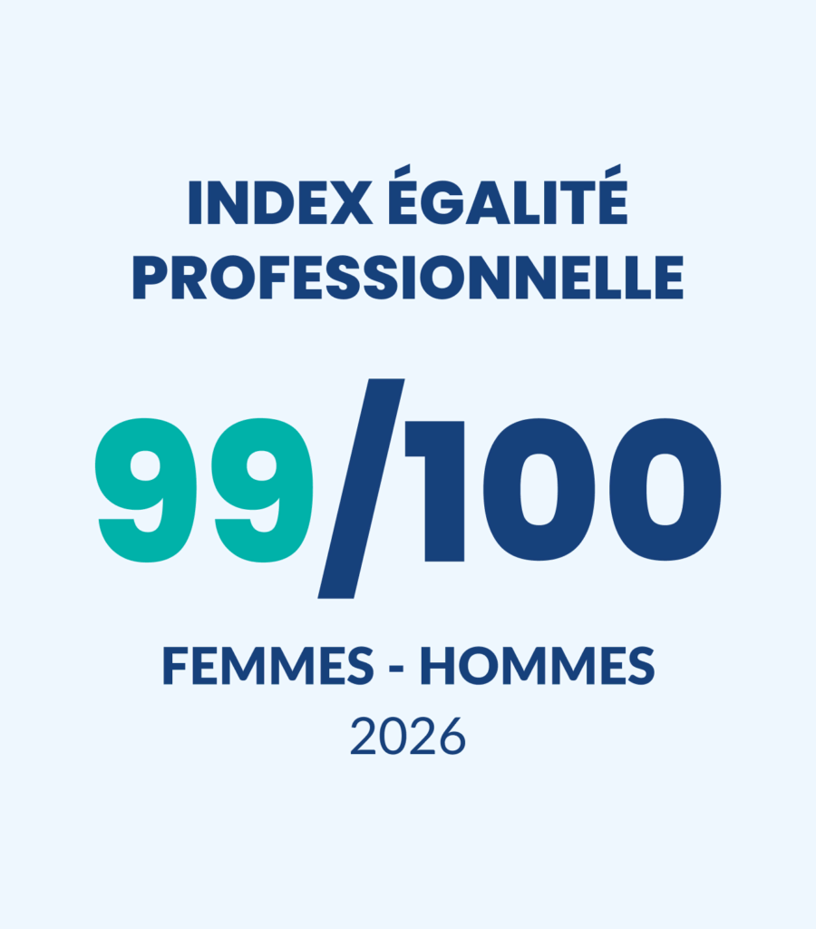 Graphique de texte avec Index égalité professionnelle 99/100 femmes - hommes 2026 en caractères gras, indiquant un score élevé d'égalité des sexes sur le lieu de travail pour l'année 2026.