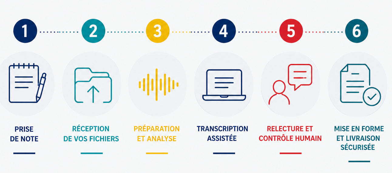 Infographie présentant six étapes : prise de notes, réception des fichiers, préparation et analyse, transcription assistée, relecture humaine et mise en forme/livraison sécurisées. Chaque étape est représentée par une icône distincte et un numéro allant de 1 à 6.