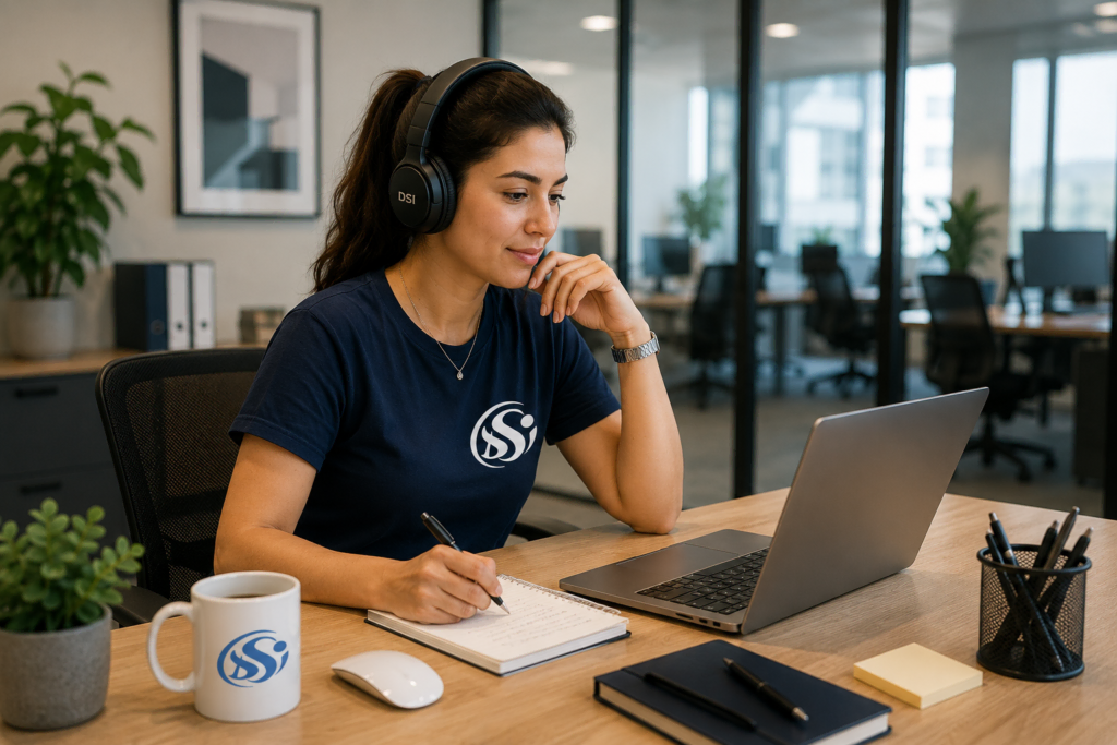 Une femme portant des écouteurs est assise à un bureau dans un bureau ; elle écrit dans un cahier tout en regardant un ordinateur portable. Le logo SSI est visible sur son t-shirt et sur une tasse. Des fournitures de bureau et des plantes se trouvent sur le bureau.