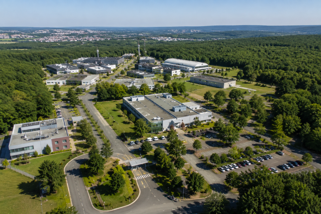 Vue aérienne d'un vaste campus de recherche ou d'enseignement entouré d'arbres, comprenant plusieurs bâtiments, des parkings et des voies d'accès, avec en arrière-plan un paysage boisé et une ville au loin.